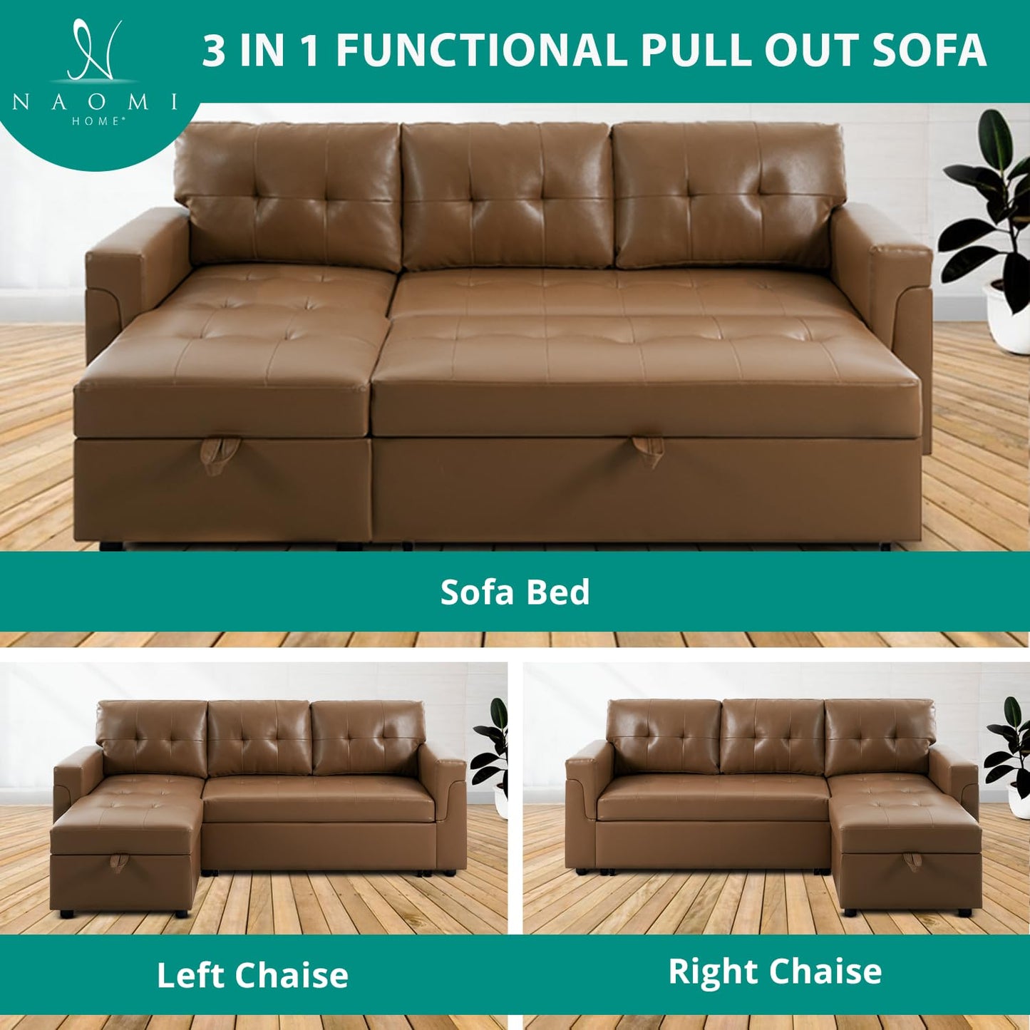 Naomi Home Jenny Sectional Sofa Sleeper with Storage Chaise, Tufted Pull Out Couch with Storage, Sectional Sofa Bed, L-Shaped Reversible Sleeper Sofa with Storage, Mocha,Air Leather