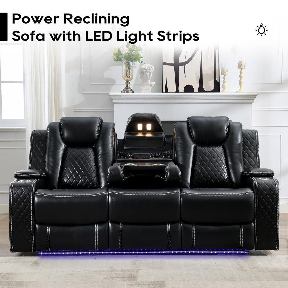 Power Reclining Sofa Couch with Wireless Charger, 3 Seaters with Recliner with Reading Light, Leather Electric 3 Seat Sofa Sectional Set for Living Room, Home Theater Seating with LED Lights, Black Comfort Stretch