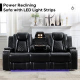 Power Reclining Sofa Couch with Wireless Charger, 3 Seaters with Recliner with Reading Light, Leather Electric 3 Seat Sofa Sectional Set for Living Room, Home Theater Seating with LED Lights, Black Comfort Stretch