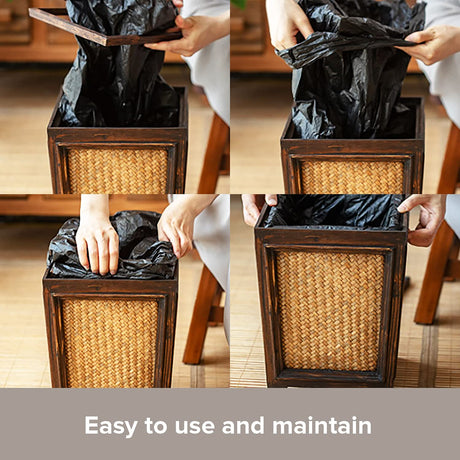 Primo Supply Rattan 7L Trash Can - Hand Woven Brown Square Garbage Bin with Lid - Small Wooden Bathroom Kitchen Decorative Waste Basket Primo Supply