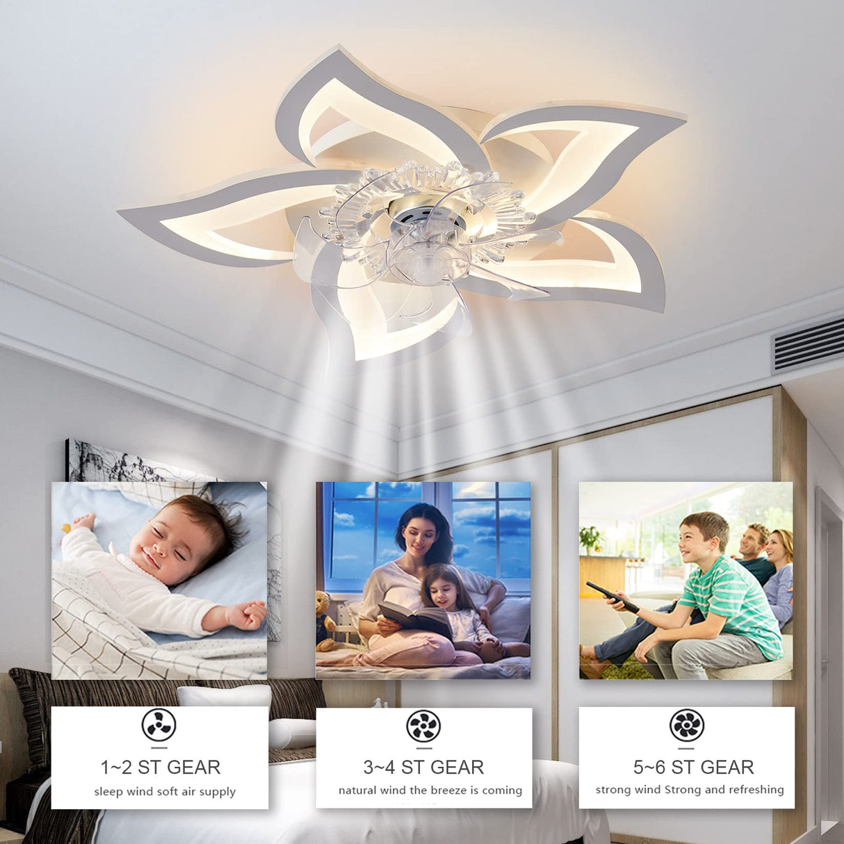 Bevenus Low Profile Ceiling Fan with Lights,110v Modern Dimmable Flower Shape, Remote Control/app Control,Timing 6 Gear Speeds Fan Ceiling Lamp. Bevenus