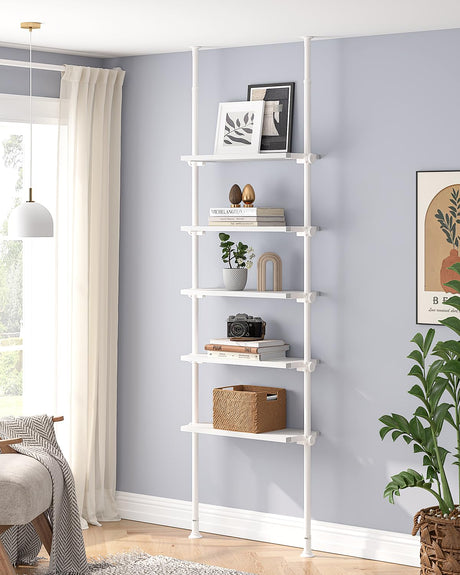 ALLZONE 5 Tiers Narrow Bookshelf, Tall Adjustable Ladder Book Shelf with Open Storage, Floor to Ceiling Tension Mount, Wooden Industrial Bookcase for Living Room, 92 to 116 Inch, White ALLZONE