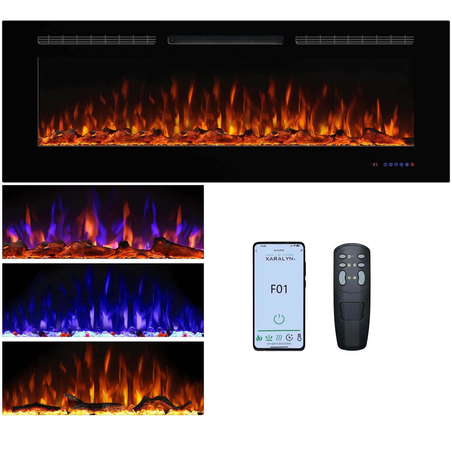 Dreamflame Electric Fireplace 60inches, Wall-Mounted & Recessed Fireplace Inserts, Multicolor Flame w/5 Dimmer, Remote Control Thermostat, Timer, Overheating Protection, Hardwire Connect, 1500W,Black