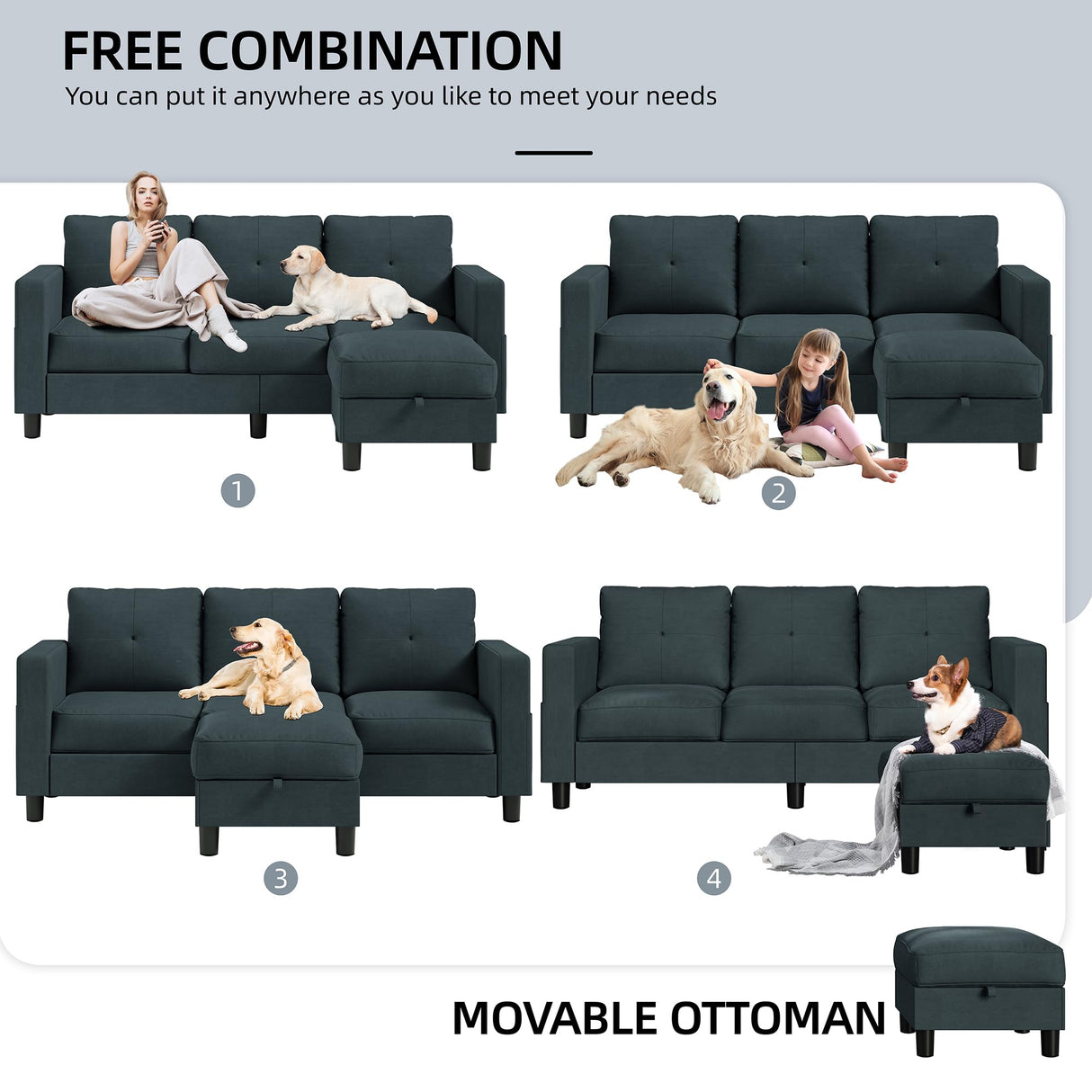 Shintenchi 79 Inch Convertible Sectional Sofa Couch, Modern Linen Fabric L-Shaped , 3-Seat Sofa Sectional with Reversible Chaise for Living Room, Apartment and Small Space (Dark Grey) Shintenchi