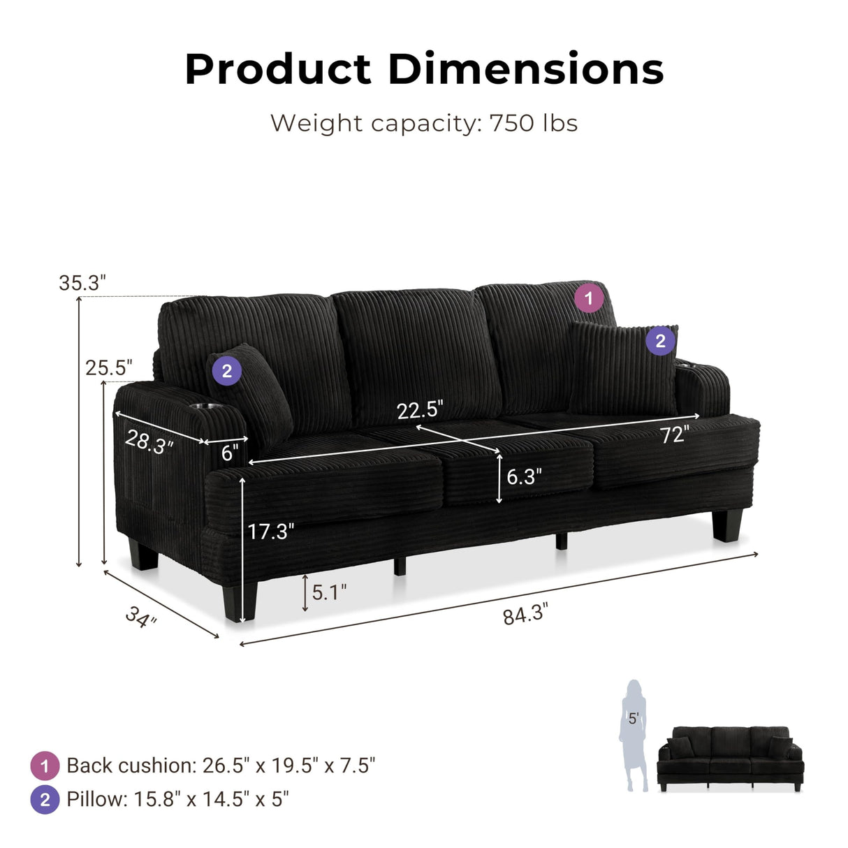HOMES: Inside + Out Reese Modern Plush Chenille Couch with Side Pockets, Cup Holders and USB Ports, Wooden Comfortable Sofa for Living Room, Bedroom and Office, Black HOMES: INSIDE + OUT