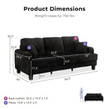 HOMES: Inside + Out Reese Modern Plush Chenille Couch with Side Pockets, Cup Holders and USB Ports, Wooden Comfortable Sofa for Living Room, Bedroom and Office, Black HOMES: INSIDE + OUT