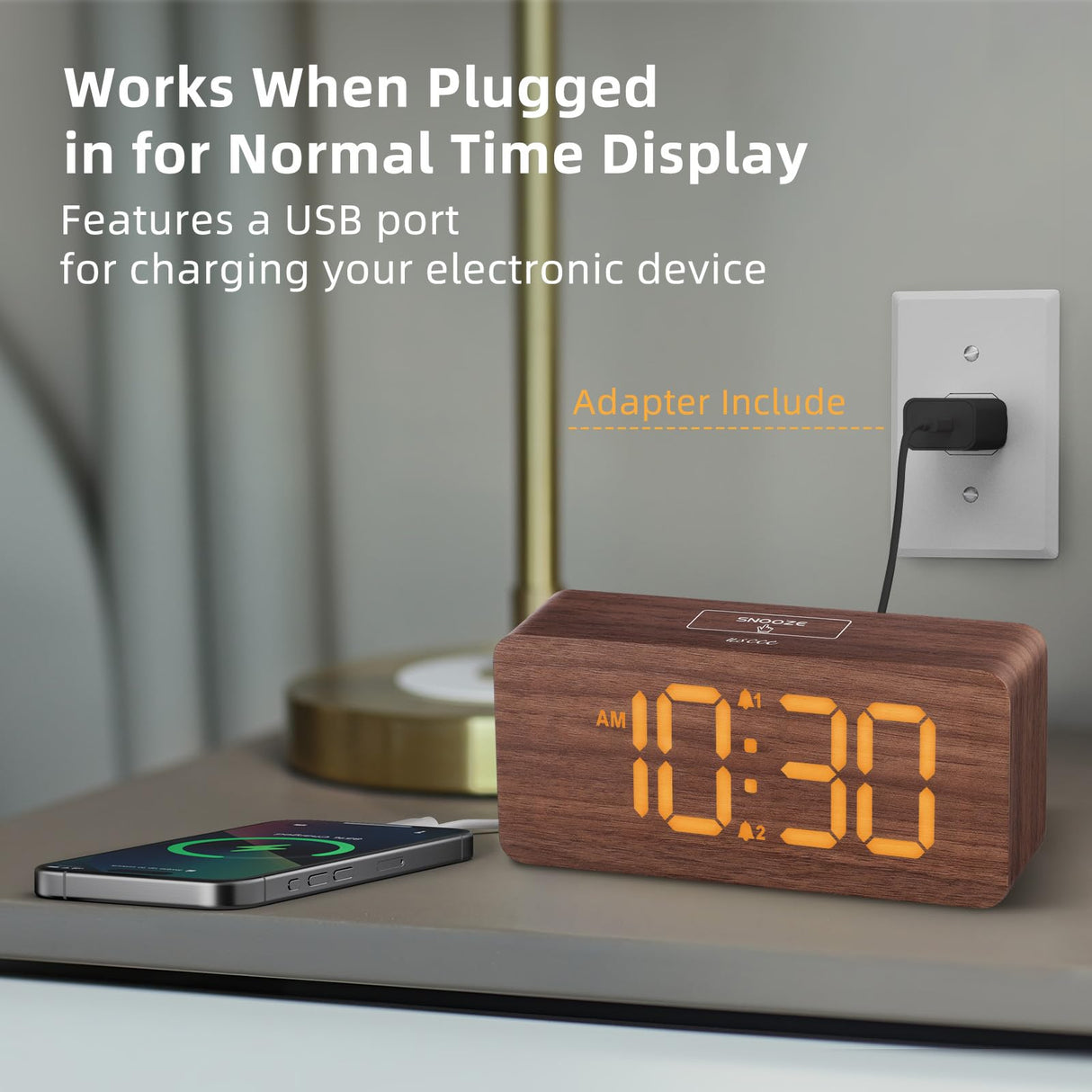 uscce Wooden Digital Alarm Clocks for Bedrooms: Dimmable Dual Alarm Clock with Large Numbers for Bedside Desk - Brown uscce