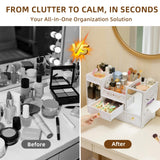 Wtufaelk Wooden Makeup Organizer for Vanity - Large White Countertop Organizer with Mirror, 3 Drawers & Brush Holder | Cosmetic & Skincare Storage Desk Organizer for Dorm, Bathroom Wtufaelk