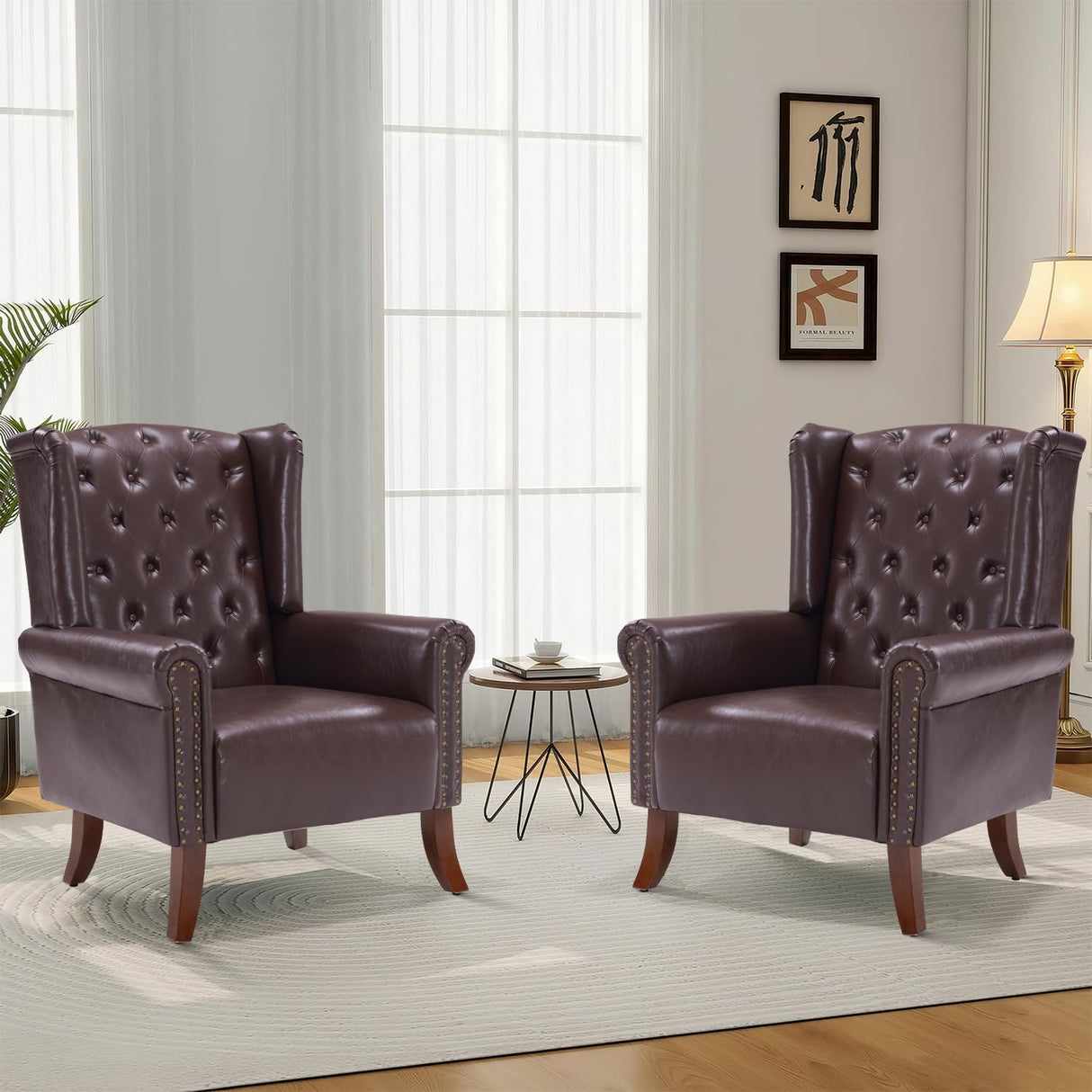 MOJAY Mid-Century Modern Living Room Chairs Set of 2, Upholstered Faux Leather Accent Chairs Club Arm Chair, Single Sofa Chair with Solid Wooden Legs for Bedroom Study Home Office Lounges(Caramel) MOJAY