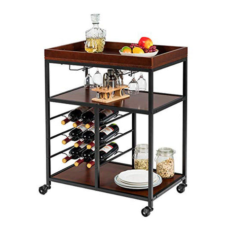 Giantex 3-Tier Kitchen Island Cart Rolling Trolley Industrial Style Serving Cart Utility Cart Wood Kitchen Stand with Glasses Holder and 9 Wine Bottles Rack Metal Frame and Castors (Rustic Brown) Giantex