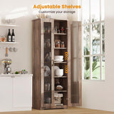 Teekyooly 70" Tall Display Cabinet Storage, Pantry Cabinet with 2 Doors and 6 Adjustable Shelves, Standing Utility Cabinet for Dining Room, Food Storage and Kitchen, Clear and Brown Teekyooly
