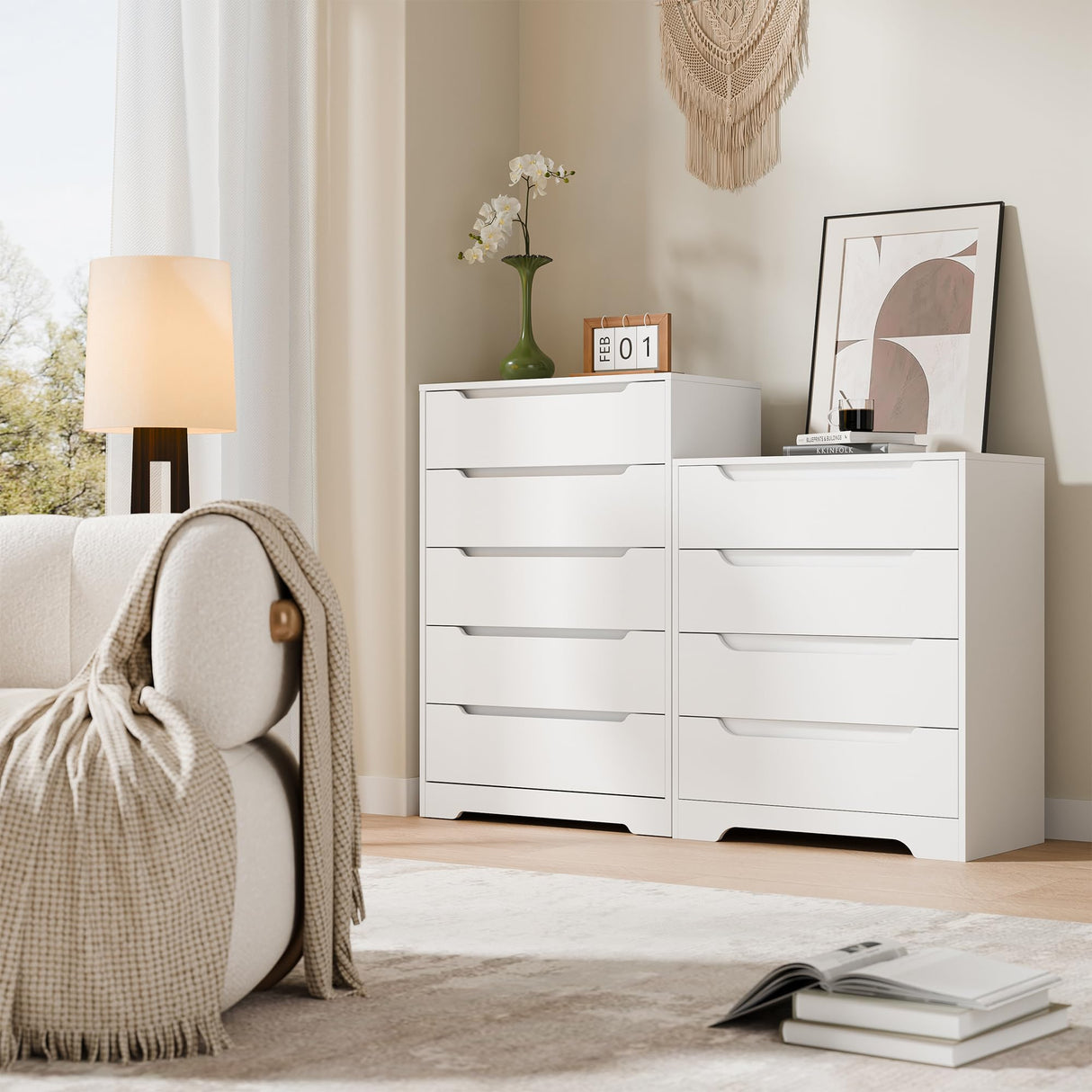 Cozy Castle 5 Drawer Dressers, Modern Chest of Drawers Large Organizer, Wood Accent Storage Cabinet for Living Room, Home Office, Entryway, White Cozy Castle