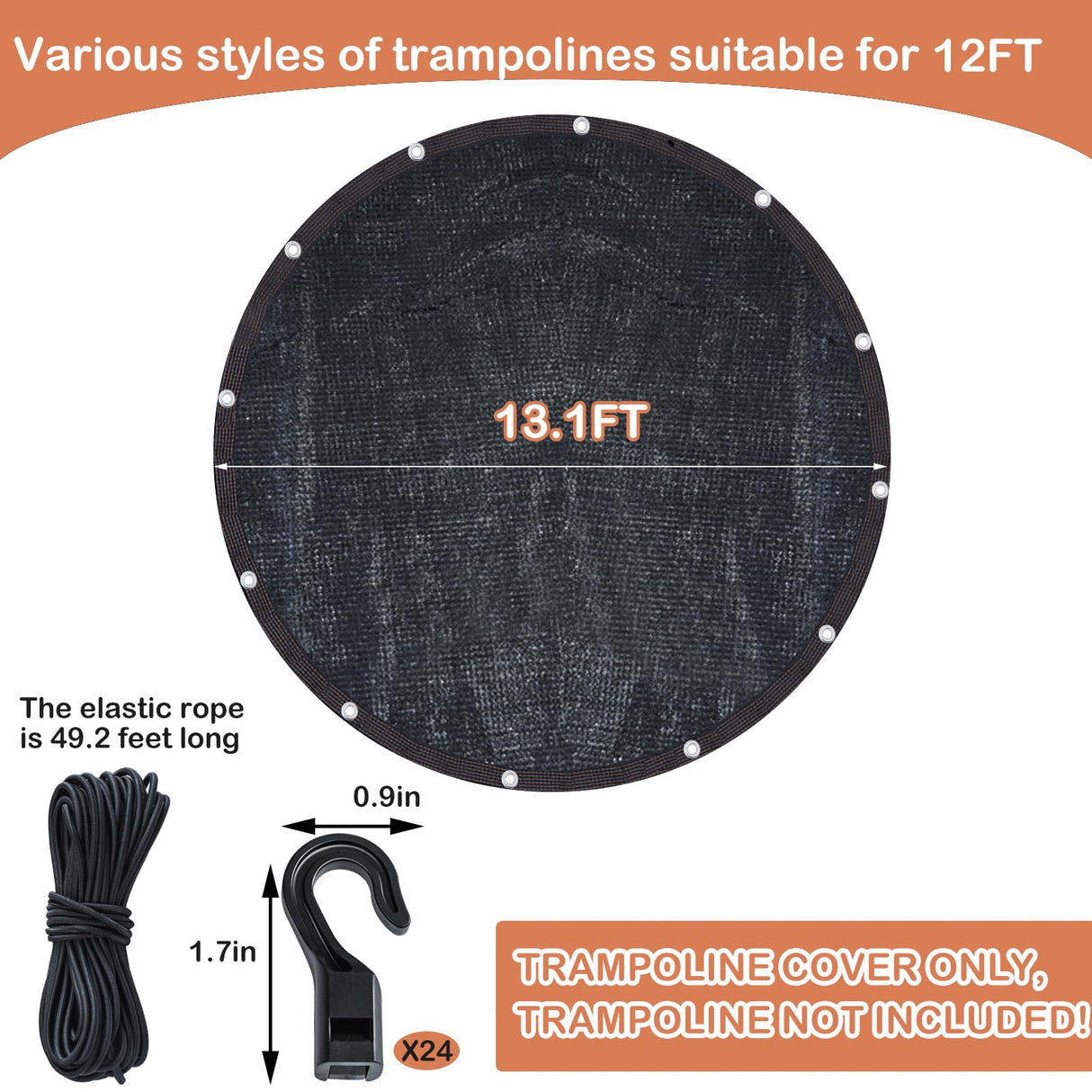 Trampoline Cover Round 12 Holes 90% Sunblock Shade Cloth 12FT Black Trampoline Top Shade Cover Sun Shade Mesh Tarp with 49FT Elastic Cord & 24 Plastic Hooks for Outdoor Backyard Playground(Tent Only) Voccos