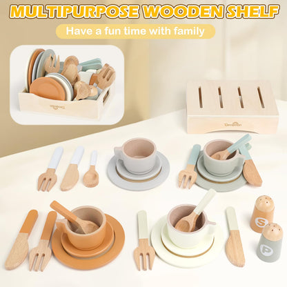 Wooden Play Dishes and Plates for Kids Kitchen Set, 27 PCS Wooden Play Kitchen Accessories, Kitchen Toy for Toddlers 2-4 Years Girls and Boys