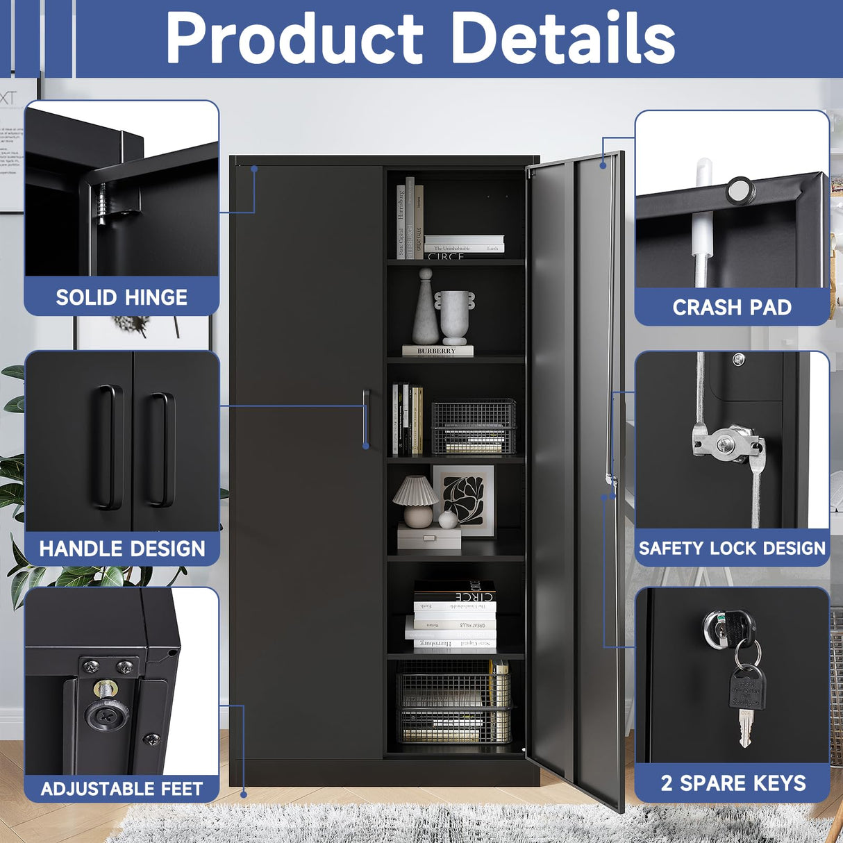 Anxxsu Metal Garage Storage Cabinet, 71" Locking Storage Cabinet with 2 Doors and 5 Adjustable Shelves, Lockable Metal Cabinet for Anxxsu
