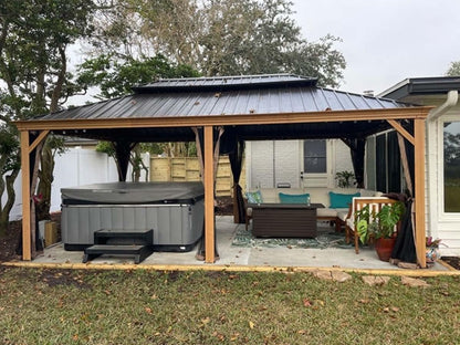 12’ x 20’ Hardtop Gazebo Outdoor Aluminum Wood Grain Gazebos with Galvanized Steel Double Canopy for Patios Deck Backyard,Curtains&Netting by domi outdoor living - WoodArtSupply