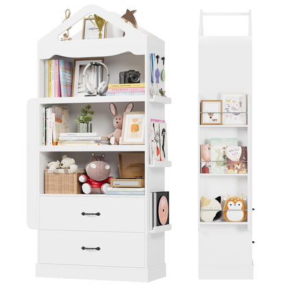 HOSTACK 71" Tall White Kids Bookcase with 2 Drawers and 4-Tier Shelving for Toys and Books - WoodArtSupply