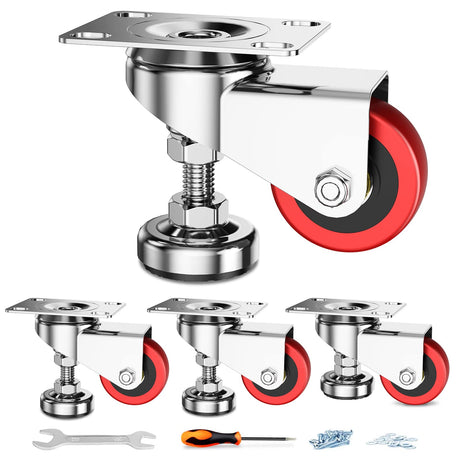 Homhoo 2" Leveling Plate Caster Wheels with Adjustable Anti-Vibration Leveling Foot Pad Heavy Duty Swivel casters for Workbench, Machine Equipment, Furniture Red Set of 4 Total Capacity 1100 Lbs Homhoo