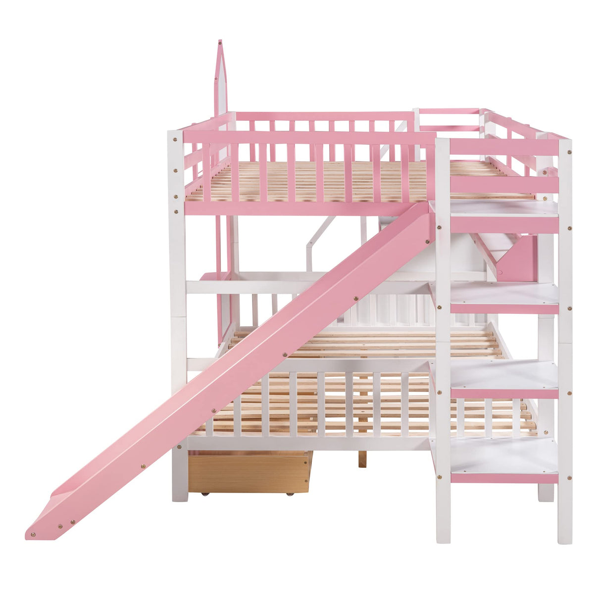 Full-Over-Full Bunk Bed, Castle Style Bunk Bed with 2 Drawers and 3 Shelves, Solid Wood Bunk Beds with Slide and Storage Staircase, Playhouse Low Bunk Bed for Kids Teens Boys Girls (Pink-O273) Aiuyesuo