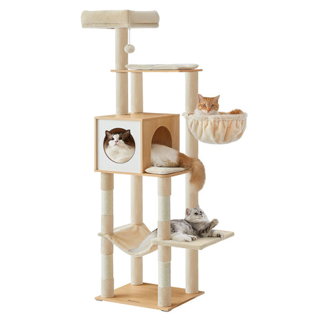 Feandrea Cat Tree, 65-Inch Tall Cat Tower, Multi-Level Cat Condo with Cave, Basket, Hammock, Pompom, Scratching Posts, Almond Yellow UPCT118Y01 Feandrea