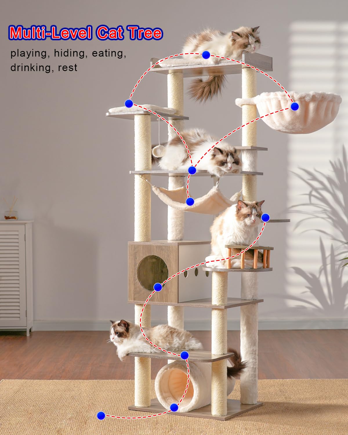 Gitelsnour Cat Tree, 64" Tall Wood Cat Tower for Indoor Cats Large Adult, Modern Cat Condo with Scratching Post and Food Station, Cat Tunnel, 2 Cat Bowls, Hammock, Rustic Gray GCT101-MSG Gitelsnour