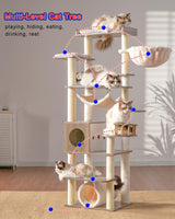 Gitelsnour Cat Tree, 64" Tall Wood Cat Tower for Indoor Cats Large Adult, Modern Cat Condo with Scratching Post and Food Station, Cat Tunnel, 2 Cat Bowls, Hammock, Rustic Gray GCT101-MSG Gitelsnour