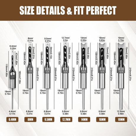 HSOKEW Woodworking Square Hole Drill Bits, Wood Mortising Chisel Set Wood Square Hole Mortising Chisel Drill Bit for Mortising Machines (1/4, 5/16, 3/8, 1/2, 9/16, 5/8, 3/4) HSOKEW