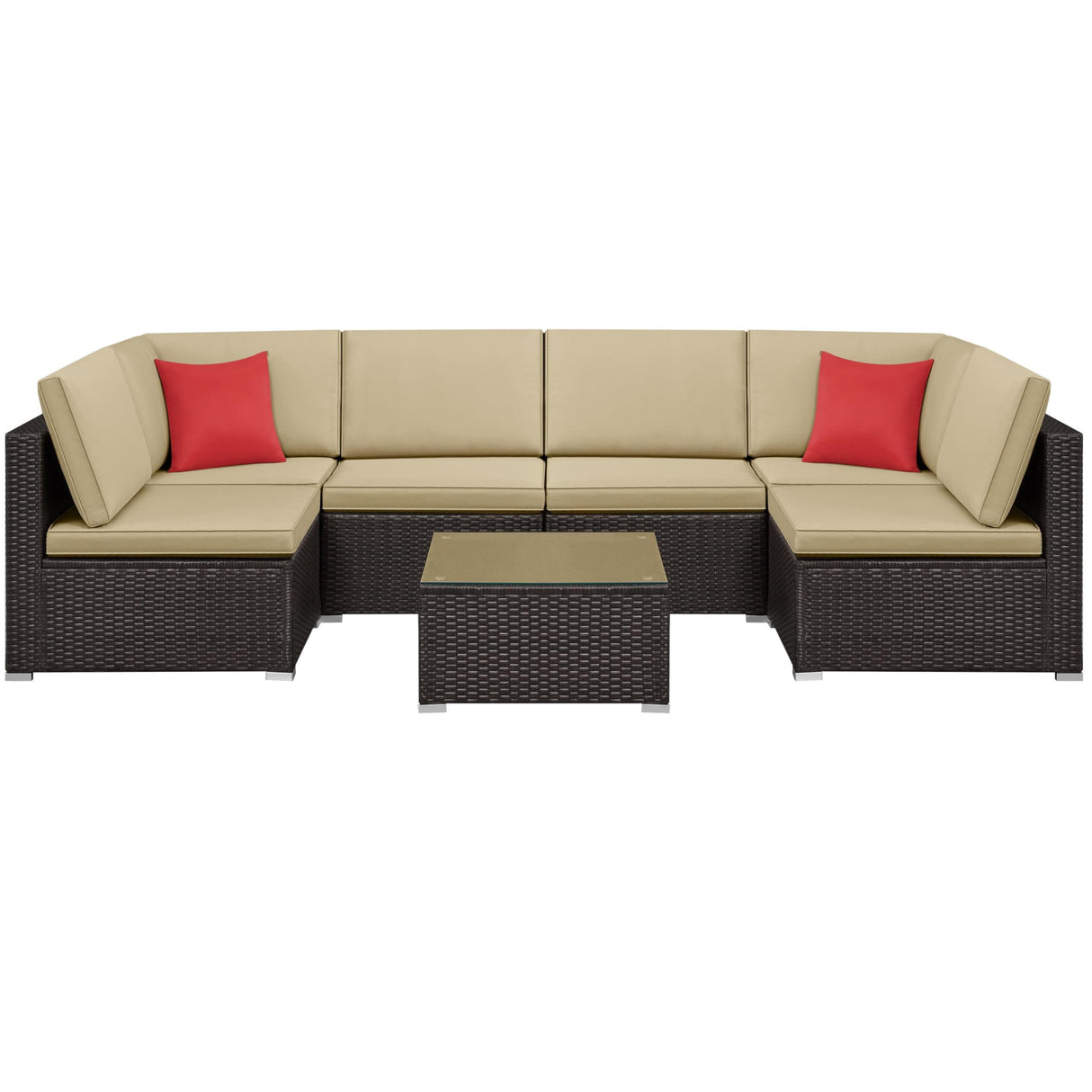 Yaheetech Patio Furniture Set, 7-Piece Outdoor/Indoor Rattan Wicker Sofa Set w/Glass-top Table & Cushions, All-weather Conversation Lounge Set for Porch/Yard/Poolside/Balcony - Brown/Khaki Yaheetech