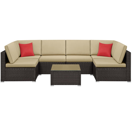 Yaheetech Patio Furniture Set, 7-Piece Outdoor/Indoor Rattan Wicker Sofa Set w/Glass-top Table & Cushions, All-weather Conversation Lounge Set for Porch/Yard/Poolside/Balcony - Brown/Khaki Yaheetech