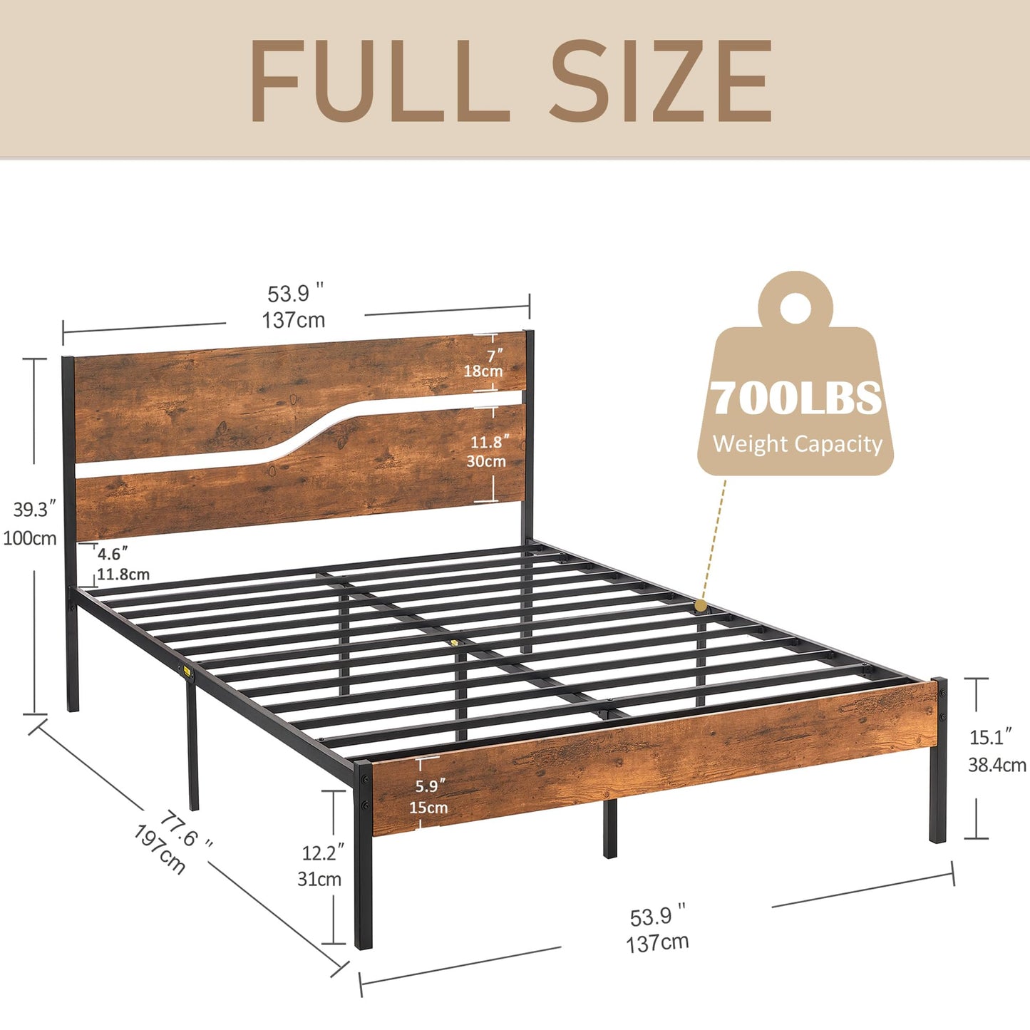 VECELO Rustic Brown Full Size Platform Bed Frame with Wood Headboard and Heavy Duty Metal Support - WoodArtSupply