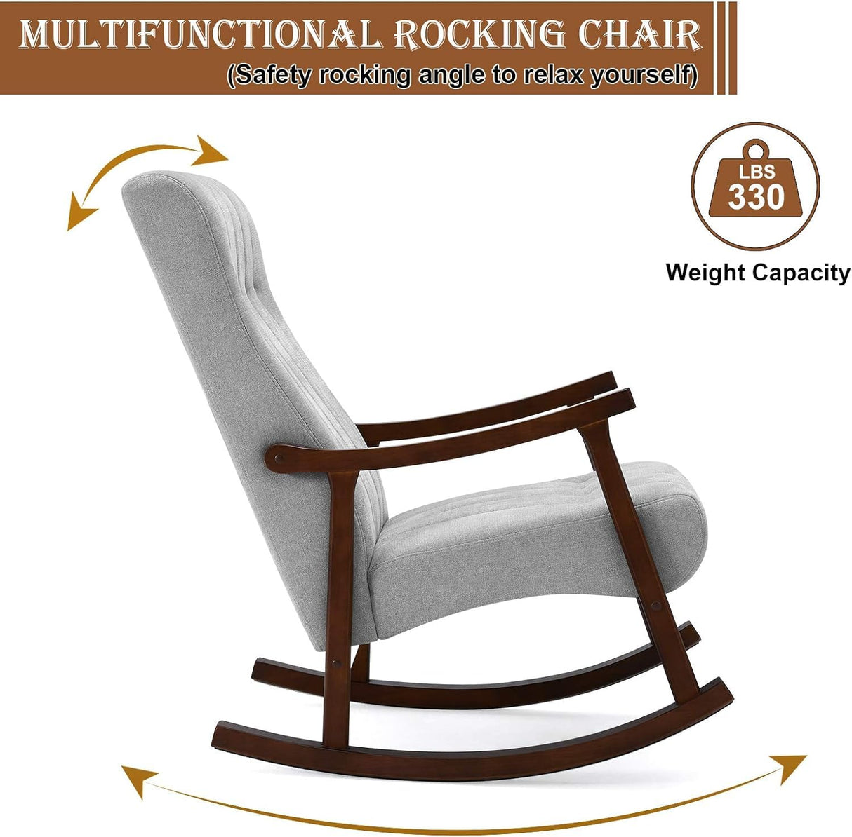 AVAWING Upholstered Rocking Chair with Fabric Padded Seat,Comfortable Rocker Solid Wood for Living Room,Modern High Back Armchair,Adult Single Sofa,Old Man Chair (Grey) AVAWING