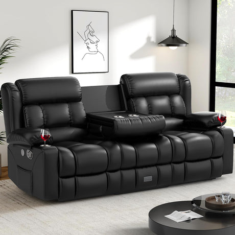 Dresegmt Loveseat Recliner Sofa, Flip Middle Backrest Design PU Leather 3 Seat Reclining Sofa with Storage Drawer, Manual Couch for Living Room/RV (Black, PU) Dresegmt