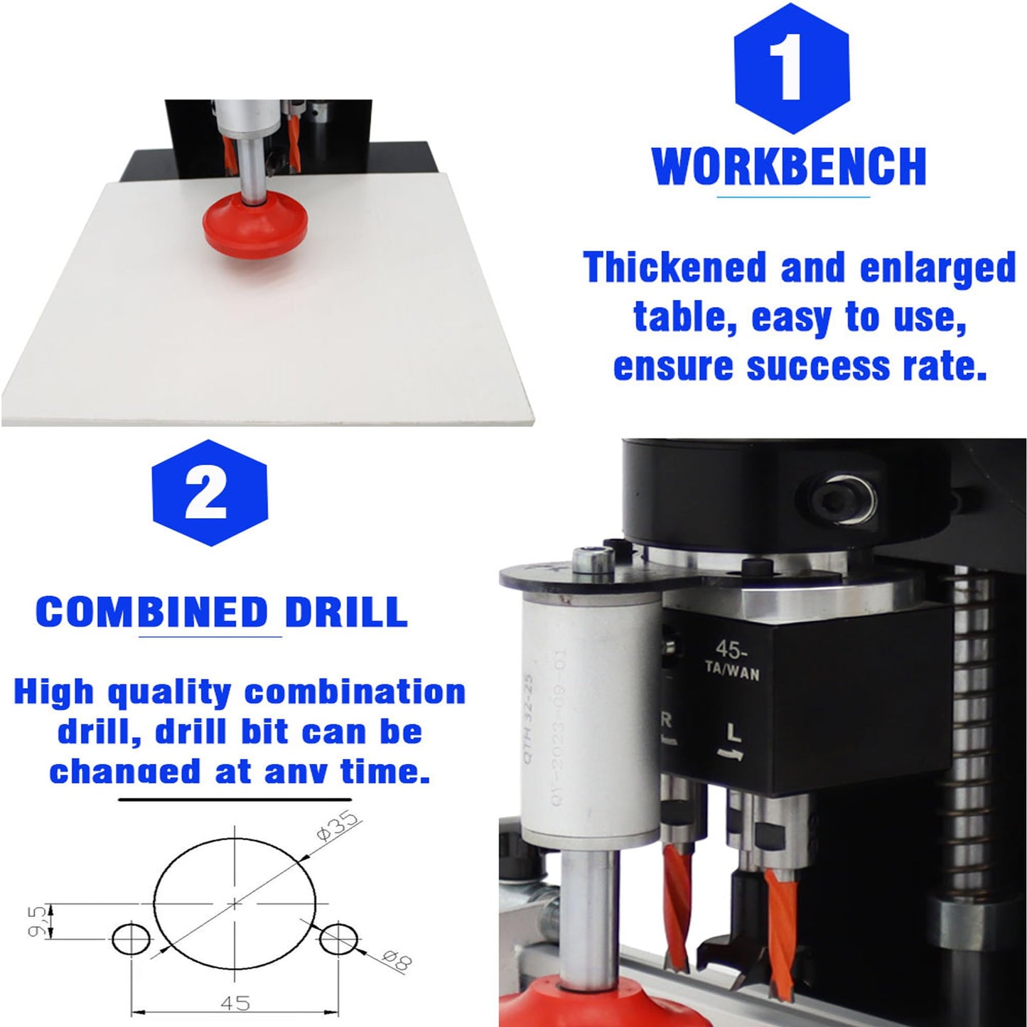 HQHAOTWU Portable Electric Hinge Boring Insertion Machine Adjustable Punching Depth Hinge Drill Press Machine Woodworking Hinge Boring Processing Machine 45-9.5 Combined Drill - WoodArtSupply