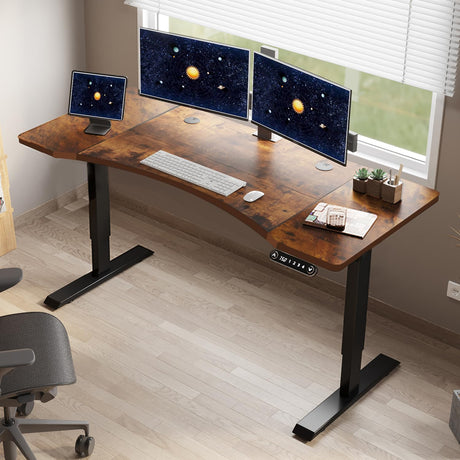 Dual Motor Electric Standing Desk, 63 x 30 Inches Height Adjustable Table with Splice Board, Ergonomic Sit Stand Computer Desk with Black Frame/Rustic Brown Top HEONAM
