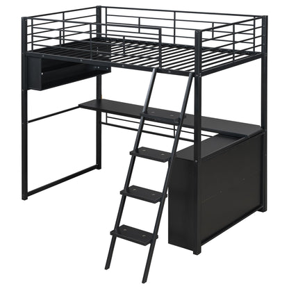 Twin Size Gaming Loft Bed with Desk, LED and 4 Storage Shelves, Metal Twin Loft Bed Frame, High Loft Bed Frame with Storage, Noise-Free, Space-Saving, No Box Spring Needed, Black