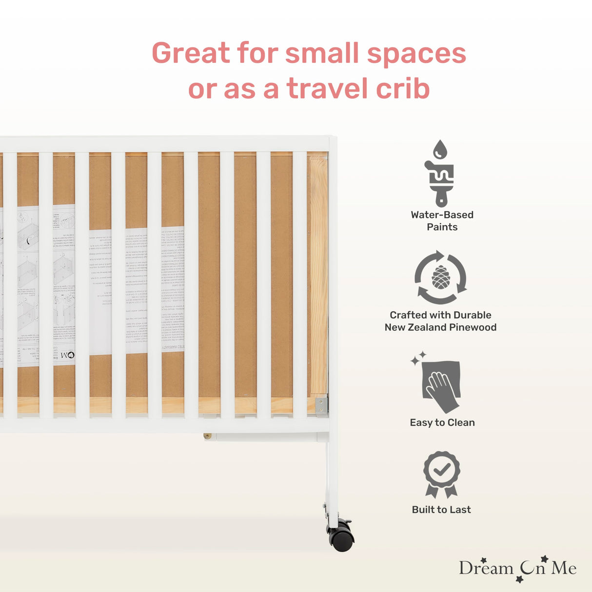 Dream On Me Quinn Full-Size Folding Crib In White, Removeable Wheels, Modern Nursey, Adjustable Mattress Support, Portable Crib, Patented Folding System Dream On Me