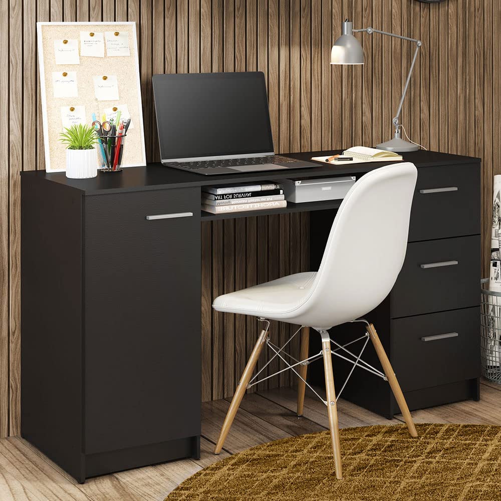 Madesa Computer Desk with 3 Drawers, 1 Door and 1 Storage Shelf, Wood Writing Home Office Workstation, Office Desk with Drawers - 30” H x 18” D x 53” W - Black Madesa