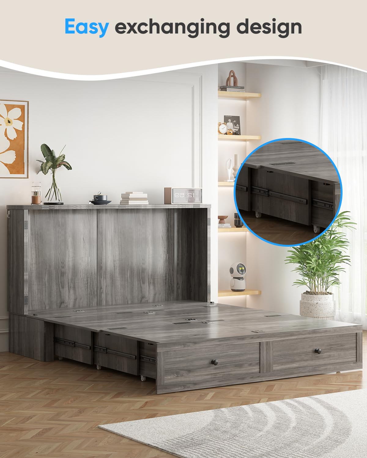 ADOWORE Queen Size Murphy Bed with Mattress Included, Cabinet Bed with Charging Station & Large Storage Drawer, Hideaway Full Foldable Platform Bed for Home Office or Guest Bedroom, Living Room,Grey ADOWORE