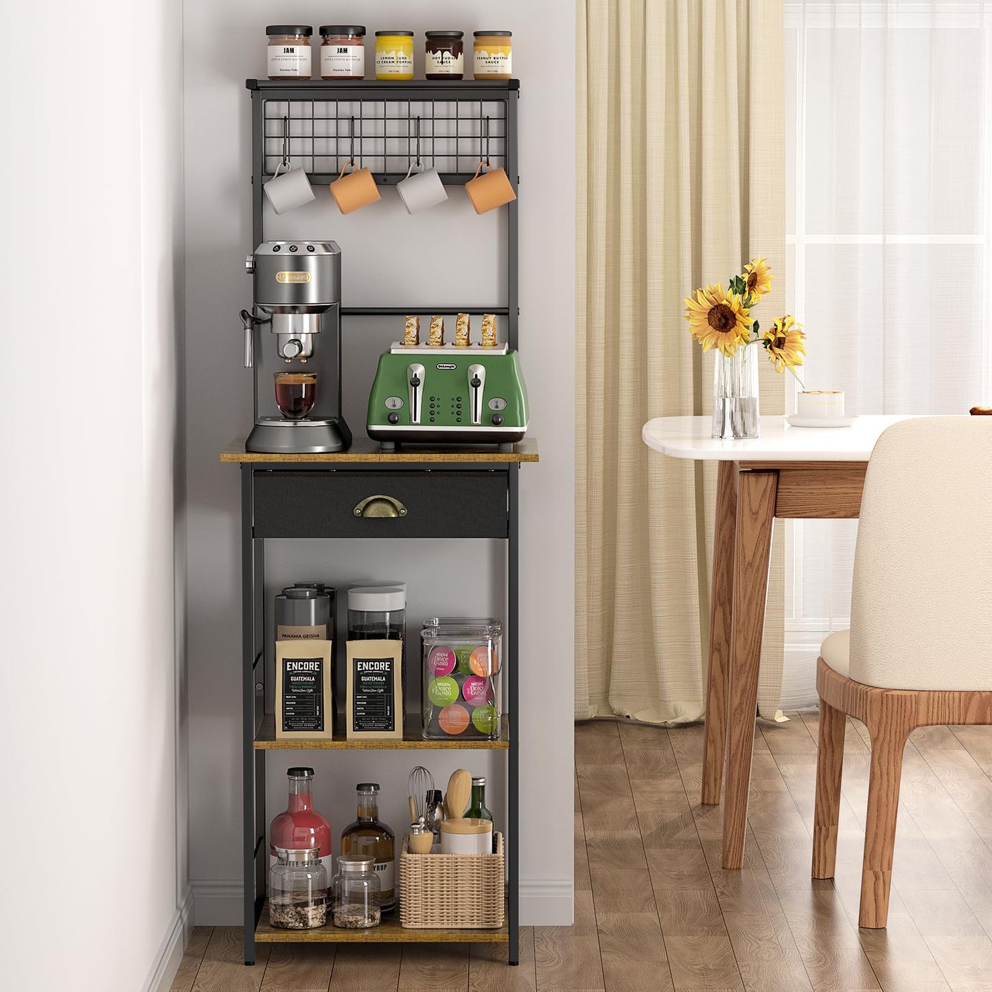 5 Tier Coffee Bar Station with Drawer, Coffee Stand with 4 S-Shaped Hooks, Farmhouse Corner Coffee Bar Cabinet for Small Spaces, Bakers Rack for Kitchen, Living Room, 13.43"D x 18.93"W x 53.31"H