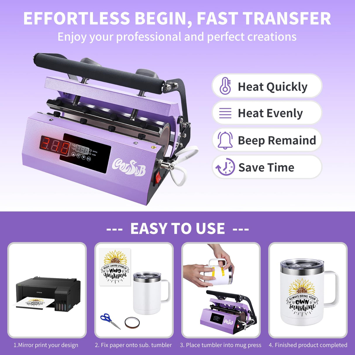 CoolSub Tumbler Heat Press Machine, Mug Press Machine for 30oz 20oz, Sublimation Blank Skinny Tumbler Glass Jar Can 11-16oz Mugs, Heat Transfer Print for Sublimation Tumblers, Cups, Mugs Purple CoolSub