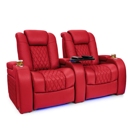 Seatcraft Diamante - Home Theater Seating - Living Room - Power Recline - Italian Leather - Powered Headrests - Cupholders - USB Charging - Ambient Lighting - Arm Storage, Red, Row of 2 Seatcraft