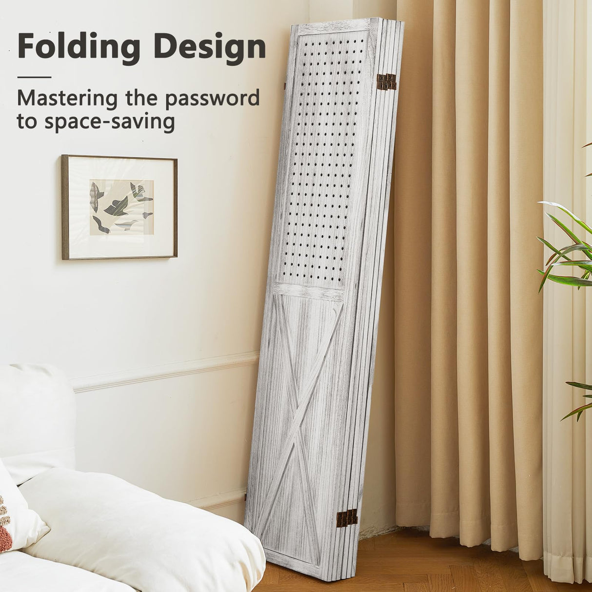 ALeesing 6 Panel Room Divider, 5.6Ft Pegboard Display Wood Folding Privacy Screens, Room Divider Peg Board Display Freestanding for Trade Show Craft Show Home Wall Organizer, Retro White ALeesing