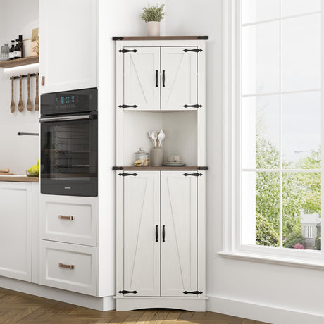 chartustriable 68" Tall Farmhouse Corner Cabinet, Corner Storage Cabinet with 4 Doors and Adjustable Shelves, Tall Barn Door Corner Cabinet with 5 Storage Shelves, for Kitchen, Bathroom, Antique White chartustriable