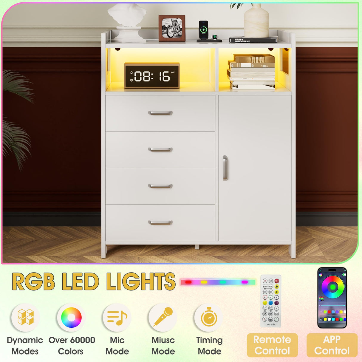 Whalefall 4-Drawer Tall Dresser with Charging Station & LED Lights - Modern Wood Chest of Drawers for Bedroom, Living Room, Hallway, or Entryway, Sturdy Storage Furniture (White) Whalefall