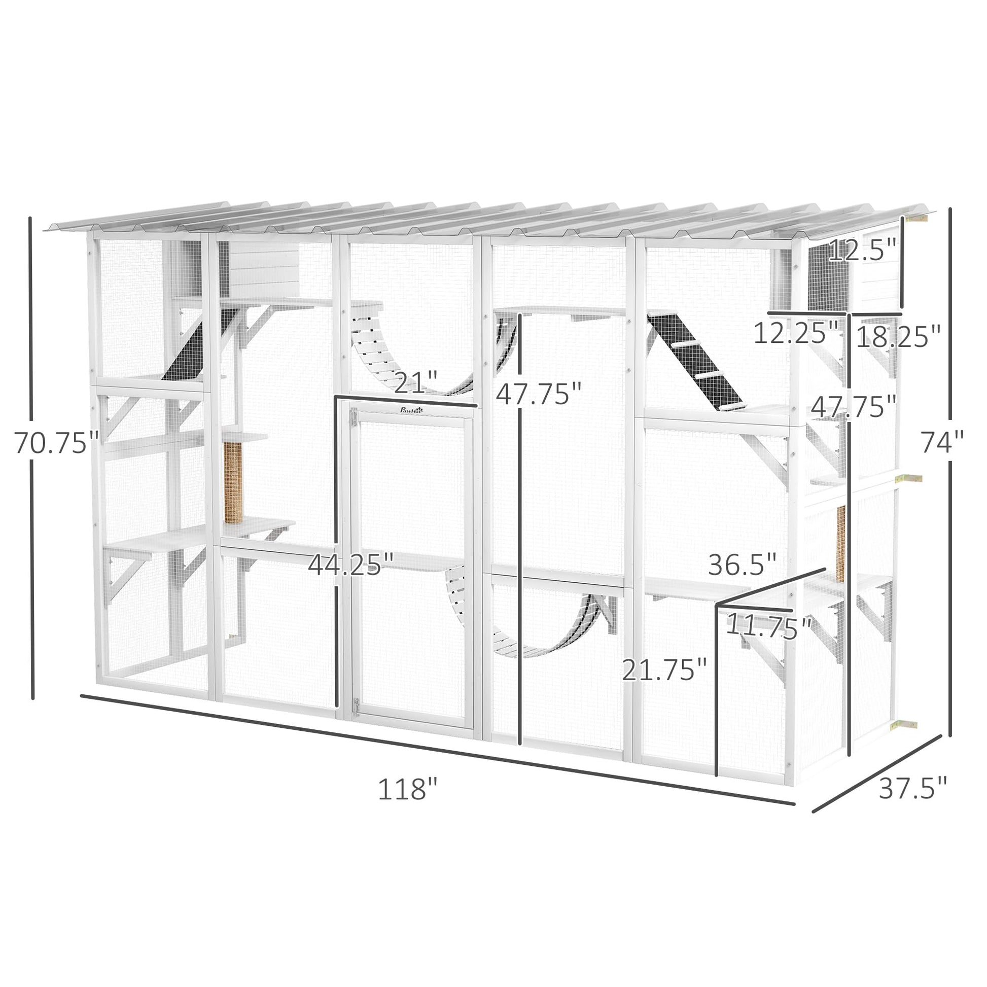 PawHut Catio Playground Cat Window Box Outside Enclosure, Outdoor Cat House with Weather Protection Roof for Multiple Kitties, Wooden Frame, Shelves & Bridges, 118" x 37.5" x 74", White - WoodArtSupply