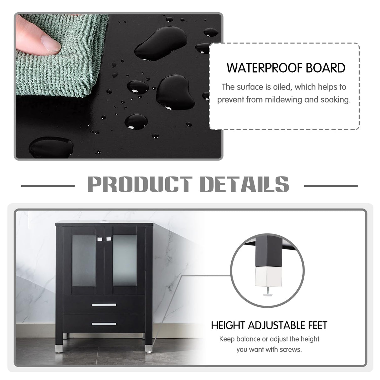 LUCKWIND 72" Double 24-in Bathroom Vanity with Sink Combo, Elegant Series with Two 12.6-in Side Cabinets, Painted Frame, Including White Rectangle Sinks, Faucets Without Mirrors, Black LUCKWIND