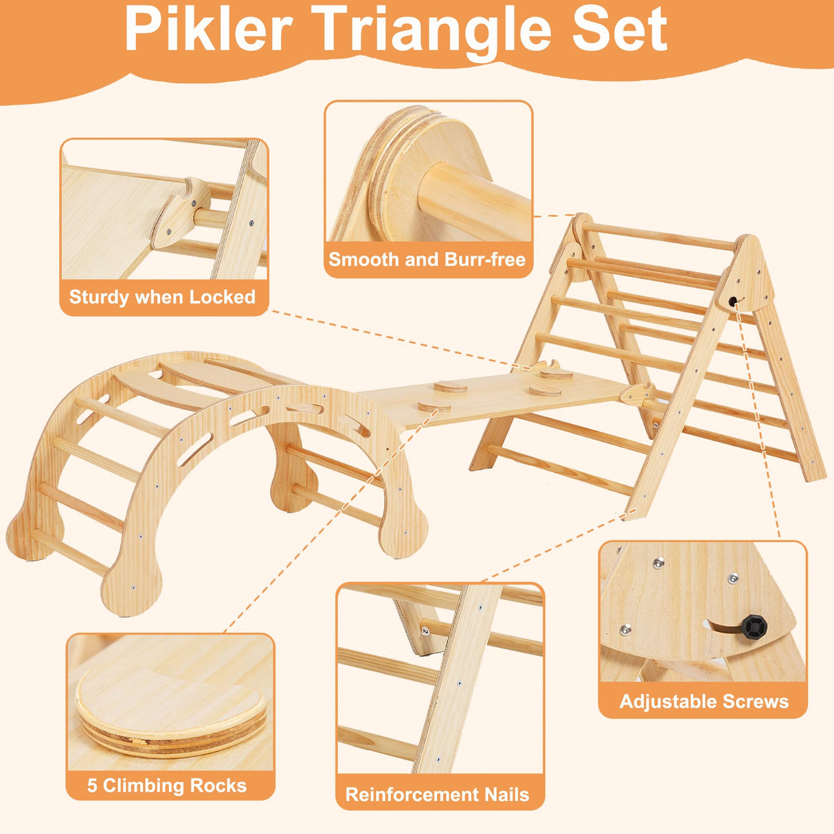SHWWQUE Pikler Triangle Set Montessori Climbing Toys for Toddlers Pikler-3 Piece Indoor Playground 3 in 1 Foldable Baby Climbing Gym Jungle Gym for Kids Ages 1-6 Natural SHWWQUE