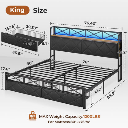 DICTAC King Size Bed Frame with Storage Headboard, LED Lights, and 2 Drawers – No Box Spring Needed, Black - WoodArtSupply