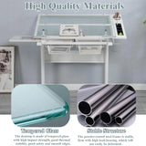 ZephyPaws Glass Drafting Table and Stool Set, Upgraded Hand Crank Adjustable Height Drawing Table Artist Desk with 2 Storage Drawers for Home Office (White) ZephyPaws