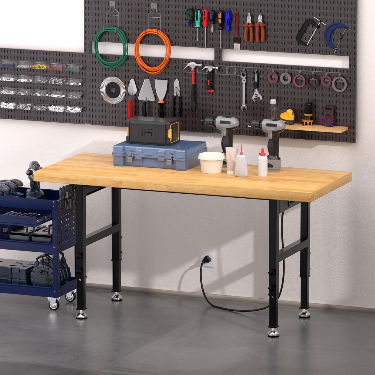 Pelnuies 60" Work Bench, Adjustable Height Workbench with Rubber Pad, Heavy-Duty Work Table with Power Outlets, 2000 LBS Capacity Workstation for Garage, Workshop, Office, Home Pelnuies